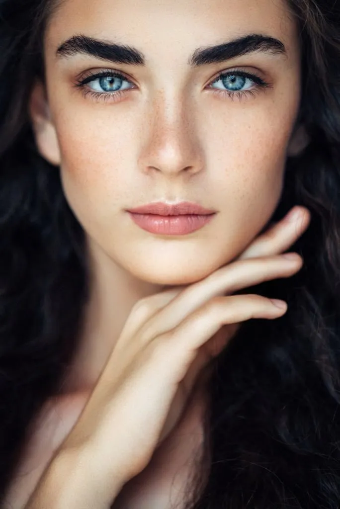 Retrato de mujer con piel luminosa y mirada azul